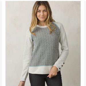 PrAna "Aya Pullover Sweater" in the off white and gray color called "Gravel."